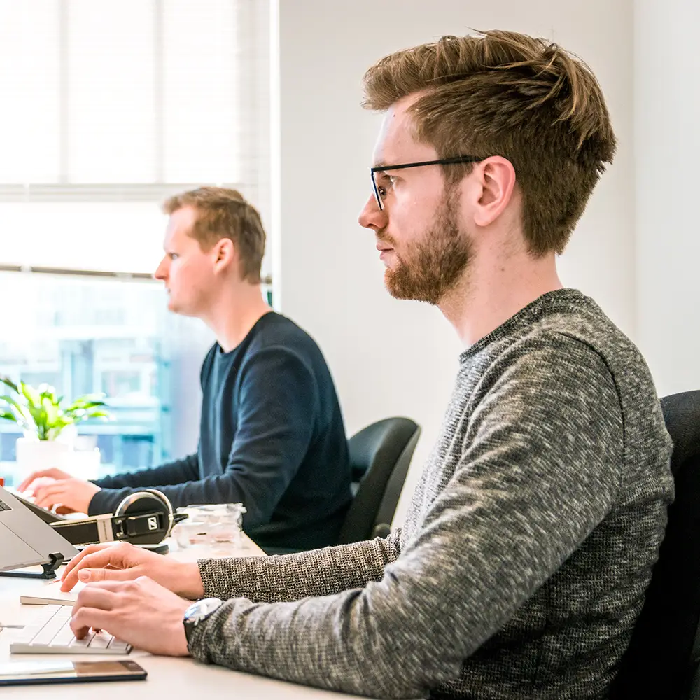 Zwei Männer sitzen nebeneinander an einem Schreibtisch, arbeiten konzentriert an Laptops. Einer trägt eine Brille. Im Hintergrund steht eine Pflanze auf der Fensterbank.