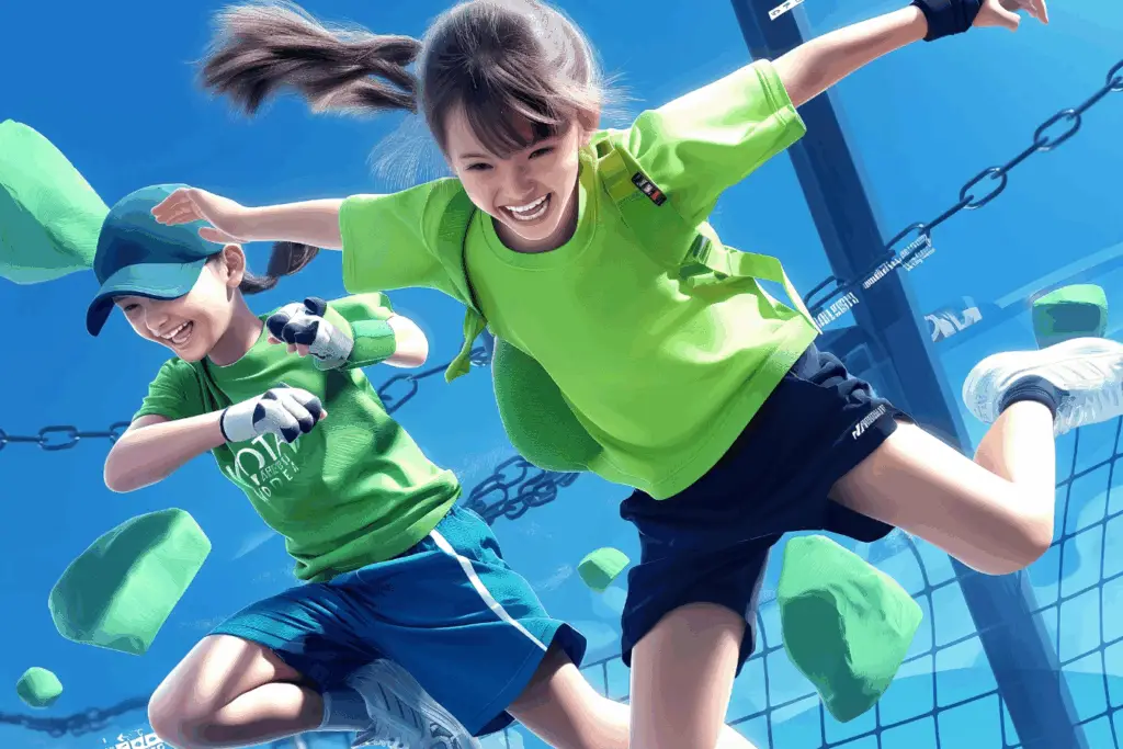 Zwei fröhliche Kinder in leuchtend grüner Sportkleidung springen in die Luft. Der Hintergrund zeigt einen klaren blauen Himmel und ein Kletternetz. Die Kinder haben Spaß und wirken energisch. Ihre Hände sind in Bewegung, als ob sie in einem Spiel vertieft sind.