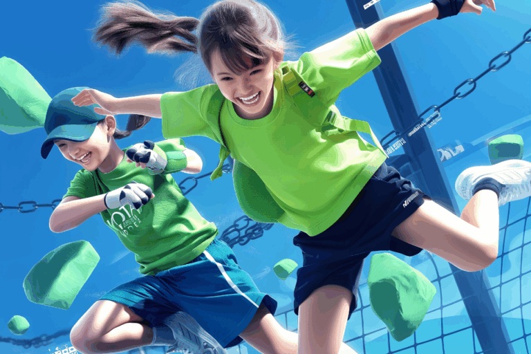 Zwei fröhliche Kinder in leuchtend grüner Sportkleidung springen in die Luft. Der Hintergrund zeigt einen klaren blauen Himmel und ein Kletternetz. Die Kinder haben Spaß und wirken energisch. Ihre Hände sind in Bewegung, als ob sie in einem Spiel vertieft sind.