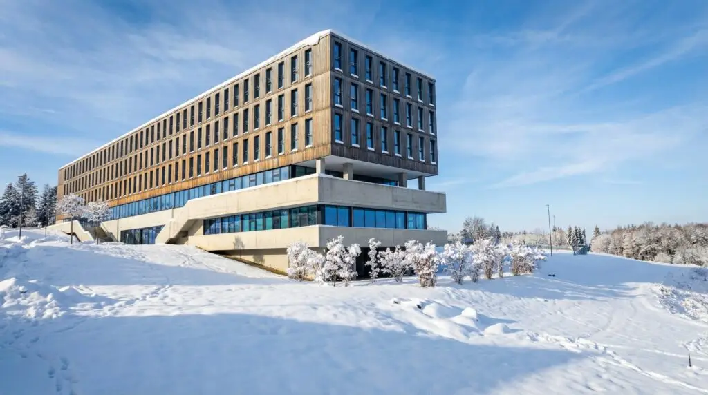 Das BLSV Sportcamp Nordbayern liegt im Schnee an einem sonnigen Wintertag